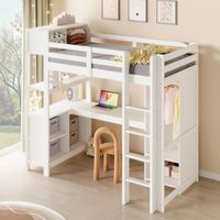 cama alta 90x200 con escritorio armario y estantes madera de pino blanco