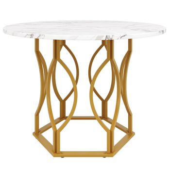 Mesa de comedor redonda para 4 personas, mesa de cocina con tablero de MDF y patas metálicas, 100x100x76 cm, Blanco+Oro