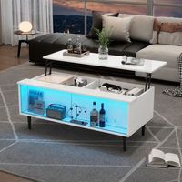 mesa de centro blanca elevable hasta 58 cm con almacenamiento y luces led