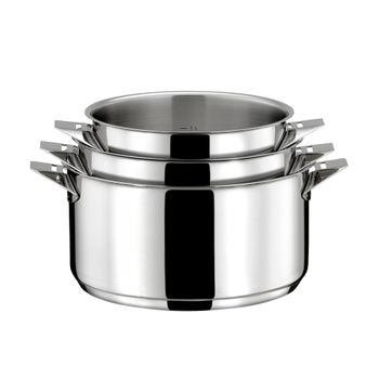 Batería de cocina 7 piezas : 3 cacerolas, 3 tapas y 1 mango extraíble