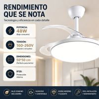 ventilador de techo con luz led 2 en 1 aspas retractiles invisibles tamano 5050 cm potencia 48w mando a distancia con temporizador 124 horas luz regulable en tonos calidofranconeutro motor