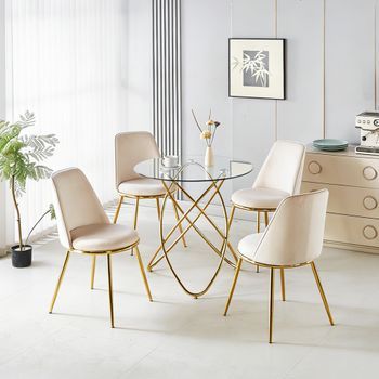Conjunto De Comedor De 5 Piezas - Mueble Para Comedor - Metal Y Terciopelo - Blanco Crema