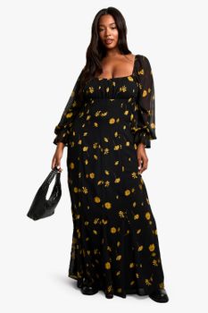 Vestido Plus Maxi De Manga Larga, Negro