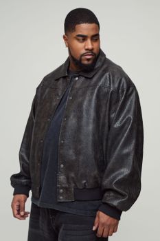 Chaqueta Plus Bomber Harrington De Cuero Sintético En Relieve, Negro