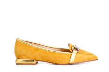 mocasines de mujer en piel de ante con horsebit de pedrería yellow