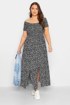 Yours Vestido Nido De Abeja Floral Negro Con Escote Bardot, Mujer Curvy Y Tallas Grandes, Yours