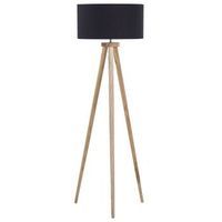 lampara de pie poli algodon negro 142 cm paras de madera clara de roble tripode pantalla en forma de tambor estilo moderno nitra