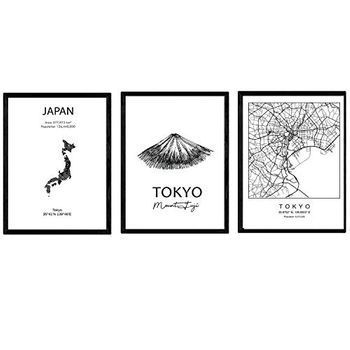 Pack De Posters De Paises Y Monumentos Mapa Cuidad Tokio Monumento Monte Fuji Y Mapa Japon Tamaño A3 Con Marco - Nacnic