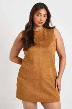 Plus Faux Suede A Line Mini Dress, Brown