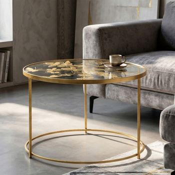 Mesa de centro redonda de metal dorado con mariposas ø cm 60x40,5