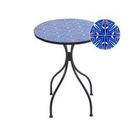 mesa de balcon exterior metal estilo vintage estructura hierro negro tablero de mosaico azul cigilano