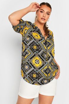 Yours Blusa Patchwork Negra Y Amarilla, Mujer Curvy Y Tallas Grandes, Yours