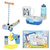 bluey - pack infantil patinete de 3 ruedas kit dibujo pompero electrico y set desayuno con fiambrera botella y taza