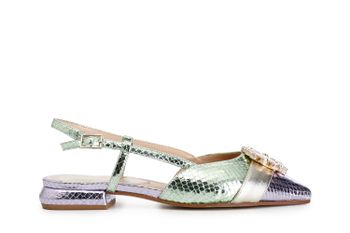 bailarinas abiertas por detrás en estampado viperino laminado con hebilla de pedrería multi green