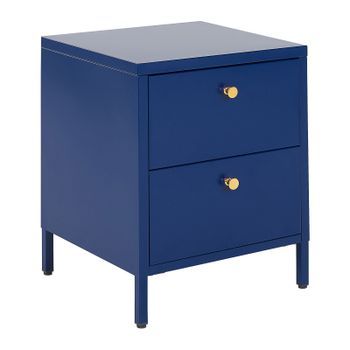 Mesa De Noche De Metal Azul Marino Dorado 2 Cajones Industrial Dormitorio Kylea