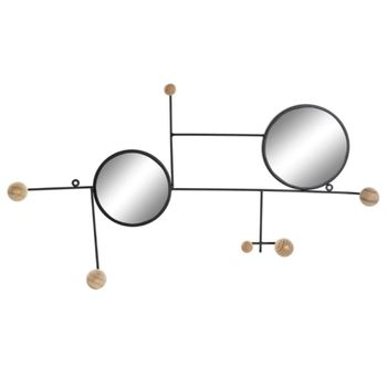 Perchero de pared 2 espejos de metal negro y pomos en  madera 42x72 cm