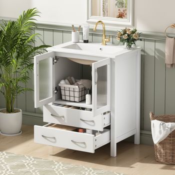 Mueble De Lavabo Independiente De 61 Cm, Blanco Brillo, Lavabo Cerámico Y 2 Cajones