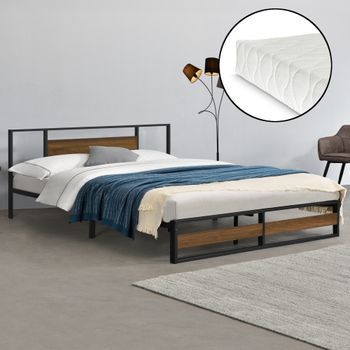 Cama De Metal Estable Villach Con Colchón De Espuma Fría - 180 X 200cm - Cama Doble - Cama De Matrimonio - Somier - Negro Mate Y Efecto Nogal - Oeko Tex 100 [en.casa]®