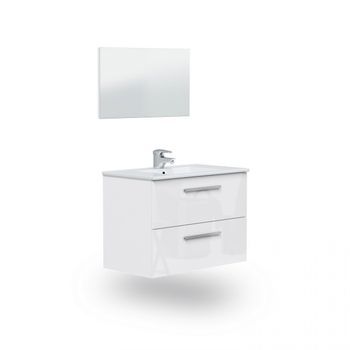 Mueble De Baño Suspendido De 2 Cajones Y Espejo 45x80 Cm Feel Blanco Brillo 80 X 57 X 45 Cm