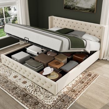 Cama Doble Tapizada Terciopelo Beige 160x200 Cm, Cabecera Orejas, Doble Fila Clavos, Costura Botones, Almacenamiento Hidráulico