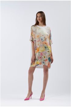 vestido bimateria con estampado frontal flower panel s
