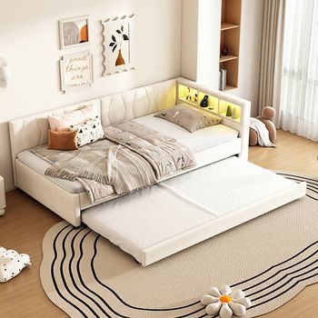 Cama De Descanso 90x200 Cm Cama De Día Sofá Cama Compartimento De Almacenamiento Junto A La Cama Usb+tipo C Mando A Distancia Para Iluminación Led De Ambiente Cama Con Cama Nido Cama Con Somier De Listones (sin Colchón) Ropa De Cama Beige