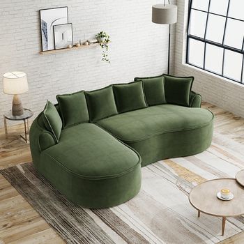 Sofá Modular Esquinero Sin Marco En Tela Chenilla Y Espuma, Forma L Con Asiento Extra Profundo, Amplios Reposabrazos Verde