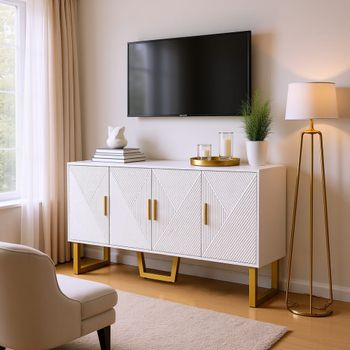 Mueble de TV de madera blanca y dorada con 4 puertas geométricas