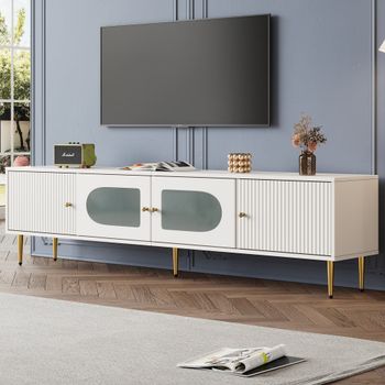 Mueble tv blanco con cristal curvado y tiradores dorados, 2 puertas.