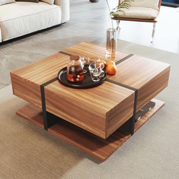Mesa Baja Cuadrada Natural Negro Brillante 4 Cajones Diseño Moderno Almacenamiento Mesa De Salón 78x78x36 Cm Tablero Bajo Tablero De Partículas