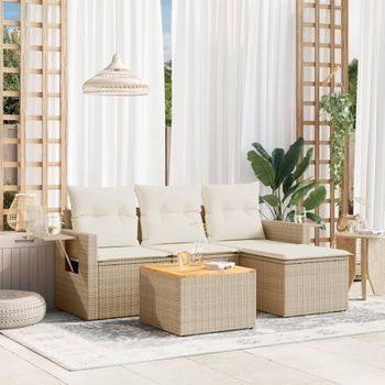 Conjunto De Sofás Jardín Con Cojines 5 Uds | Mueble Jardin Mesa Y Sillas Ratán Sintético Beige Cfw354301