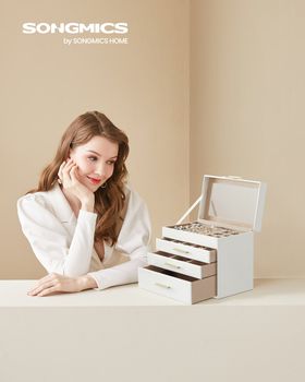 Caja de joyas de 4 niveles con 3 cajones de color blanco y marrón