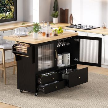 Isla De Cocina Con Ruedas, Mesa Extensible De 100 Cm Y Almacenamiento, Negra Y Madera
