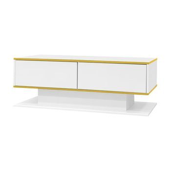 Mesa De Centro Led Blanca Brillante De 100x50x40 Cm, Tres Cajones Y Detalles Dorados