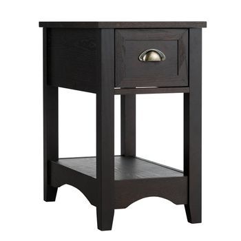 Mesa Auxiliar Retro Con Cajón Y Estante Patas De Madera De Caucho Para Sala De Estar Y Dormitorio Nogal