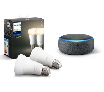 PHILIPS Hue White Bluetooth LED E27 Bulb Twin Pack & Echo Dot (2018) - Charcoal, White