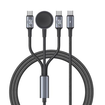 USAMS SJ785 3A 72W USB-C a USB-C+USB-C+Carga inalámbrica para reloj Cable de carga rápida Transmisión de datos Núcleo de