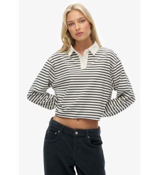 Superdry para mujer. W6012175A Polo Stripe Rugby beige (L), Casual, Algodón, Manga larga
