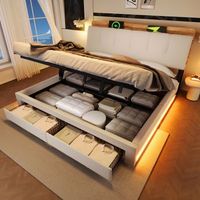 cama tapizada beige de lino 180x200 cm con almacenaje hidraulico y luces led