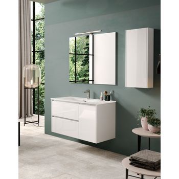Mueble De Baño Suspendido Con Lavabo Cerámico | 2 Cajones Y Puerta Lateral Con Cierre Amortiguado Y Organizador | 100 Cm - Blanco Brillo - Cromo