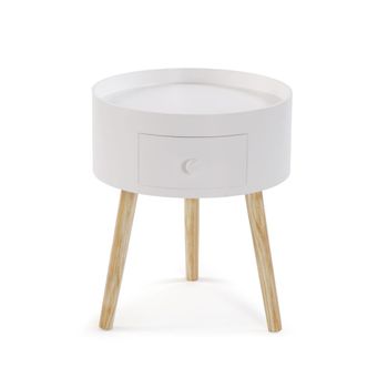 Mesa auxiliar redonda con cajón en madera aglomerada blanco