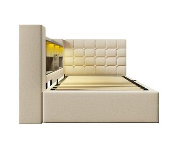 Cama individual 90x200 – led, almacenamiento hidráulico, cabecero en l, con colchón – beige