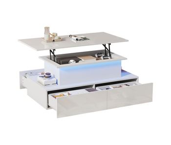 Mesa de centro elevable de alto brillo rectangular de panel de partículas con 4 cajones y luz led,blanco