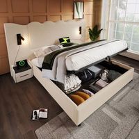 cama doble tapizada con almacenamiento lampara led y cargador usb tipo-c 180x200 cm terciopelo beige y blanco somier de listones incluido