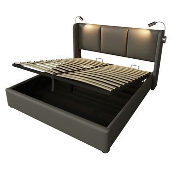 Cama Contenedor De Piel Sintética De 140x200 Cm - Con Luces De Lectura Y Puertos De Carga Usb - Con Somier - Gris
