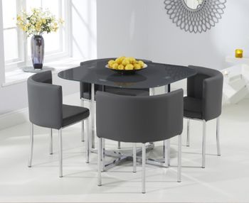 Algarve Grey Glass Stowaway Dining Table with Grey High Back Stools - Grey, 4 Chairs