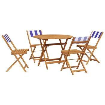 Set De Comedor De Jardín 5 Piezas | Mueble De Jardín Tela Madera Maciza Azul Blanco