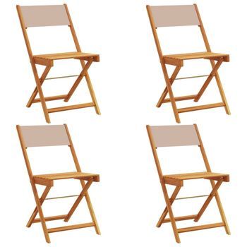 Pack 4 Uds Sillas De Jardín | Silla De Exterior | Sillón Plegables Madera Maciza Y Tela Taupe