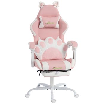 Vinsetto Silla Gaming con Orejas de Gato Respaldo Reclinable 90-135° Reposapiés Extraíble Cojín Lumbar y Reposacabezas Rosa