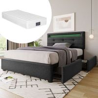 cama individual adulto 90x200 cm gris con led 2 cajones cabecera ajustable somier lamas madera y colchon incluido